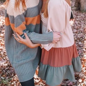Dress on the right! Tiered striped dress with sweetheart neckline